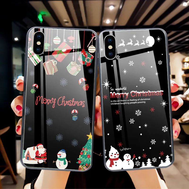 Милый чехол из закаленного стекла для iPhone XS MAX X XS XR Merry Рождественский Снеговик покрытие с медведем для iPhone 7 8 Plus 6 6s Coque