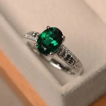 

European and American Simple Oval Emerald Ring Ladies Colored Gemstone S925 Sterling Silver White Gold Plated Ring Gift Jewelry