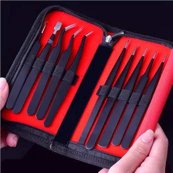 

10Pcs Precision Tweezers Tool Set Anti-Static Stainless Steel Tip Curved Straight Tweezer Non-magnetic Multi Nipper Tool 12.4