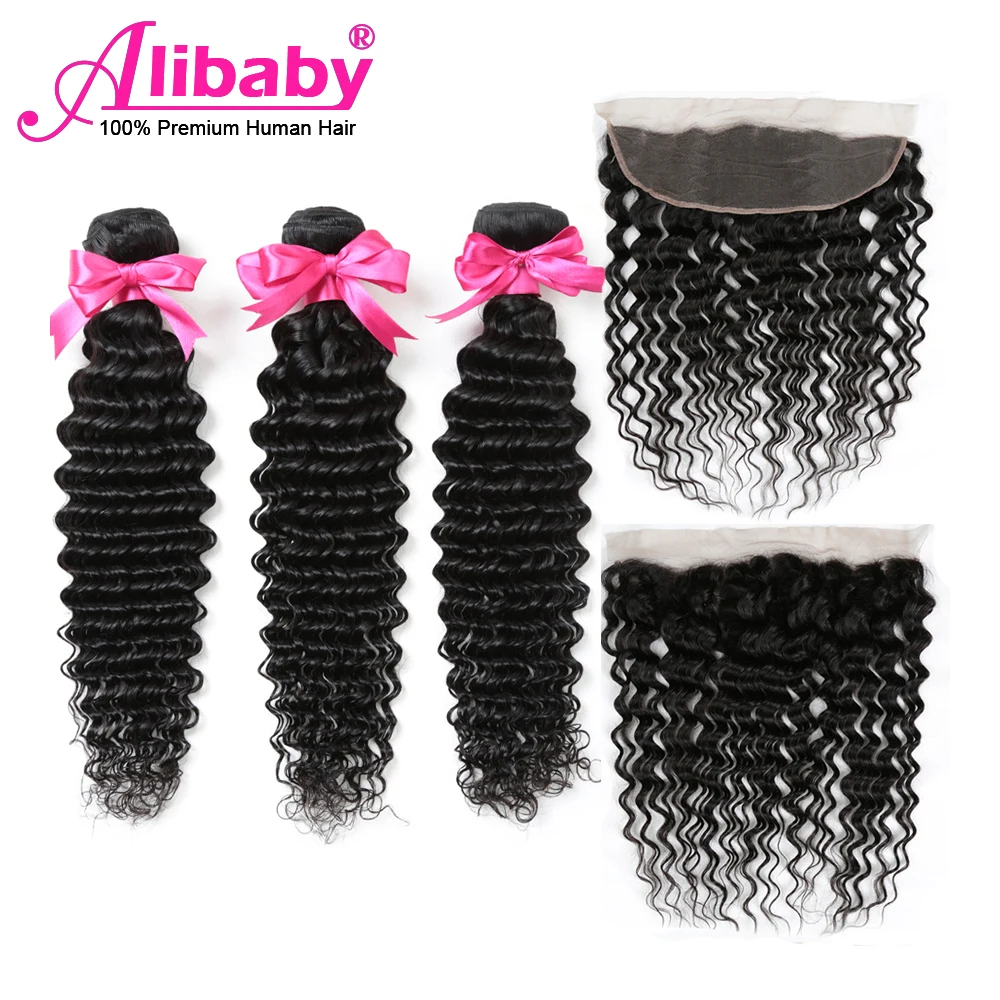 Alibaby, индийские волосы, 3 пряди, с фронтальной, глубокая кудрявая пряди, с фронтальной, не Реми, человеческие волосы, натуральный цвет, вплетаемые волосы