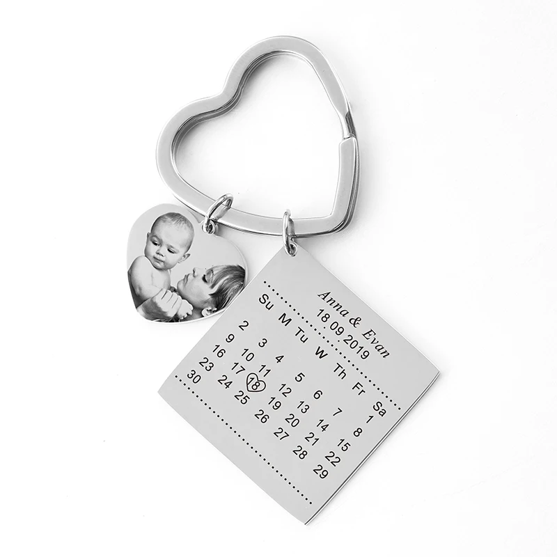 Персонализированный брелок цикл из нержавеющей стали личный пользовательский Фотокалендарь гравировка фото имя календарь с сердцем Дата брелок
