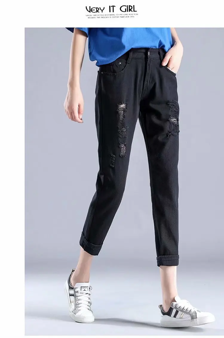 Jeans Woman Loose Casual Boyfriends Jeans Streetwear Women Ripped Hole White Pocket Ankle Length Trousers Jean