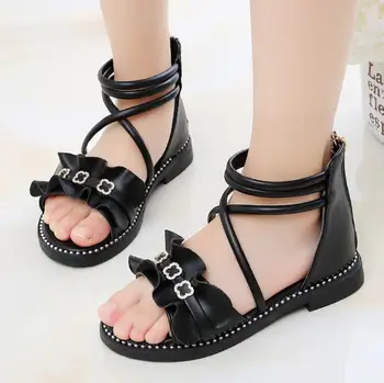 

Leather Flower Girls Sandals Shoes Summer New Children Princess Shoes Anti-Slip Kids Beach Shoes for Girls Roman Sandals