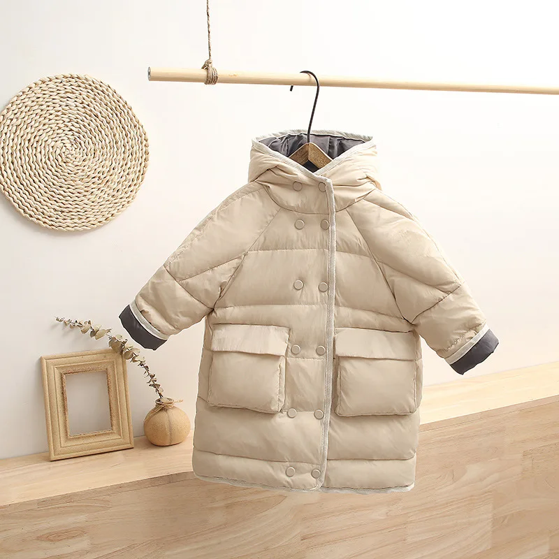 New Vintage White Duck Down Jacket For Girls 3-9 Years Fashion Beige Solid Outerwear Kids High Street Winter Long Coat Boys - Цвет: Серый