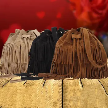 

Women Faux Suede Drawstring Bucket Bag Vintage Handbag Fringe Tassel Messenger Shoulder Bags UND Sale