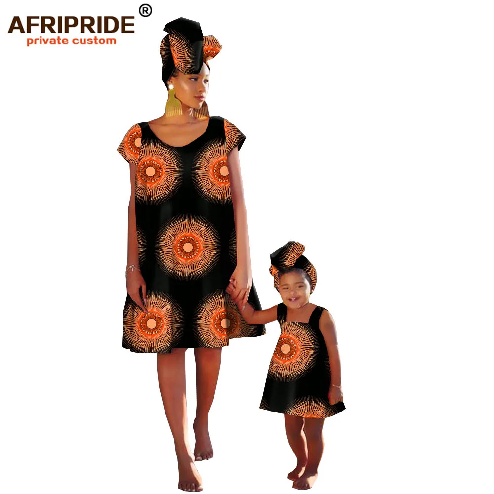 Африканские Восковые Семейные платья для женщин и девочек AFRIPRIDE, изготовленные по индивидуальному заказу, хлопковые платья длиной до колена с подходящей повязкой на голову A19F003