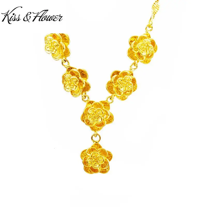 

KISS&FLOWER NK147 Fine Jewelry Wholesale Fashion Woman Girl Birthday Wedding Gift Vintage Rose Flower 24KT Gold Pendant Necklace