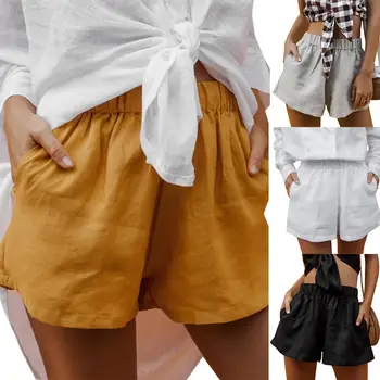 

Casual Women Loose Shorts Solid Color Elastic Waist Summer Beach Short Pants