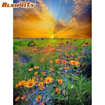 

RUOPOTY Framed Painting By Numbers Kits Hand Made Sunset Flower Field Landscape Picture By Number Drawing On Canvas Diy Gift