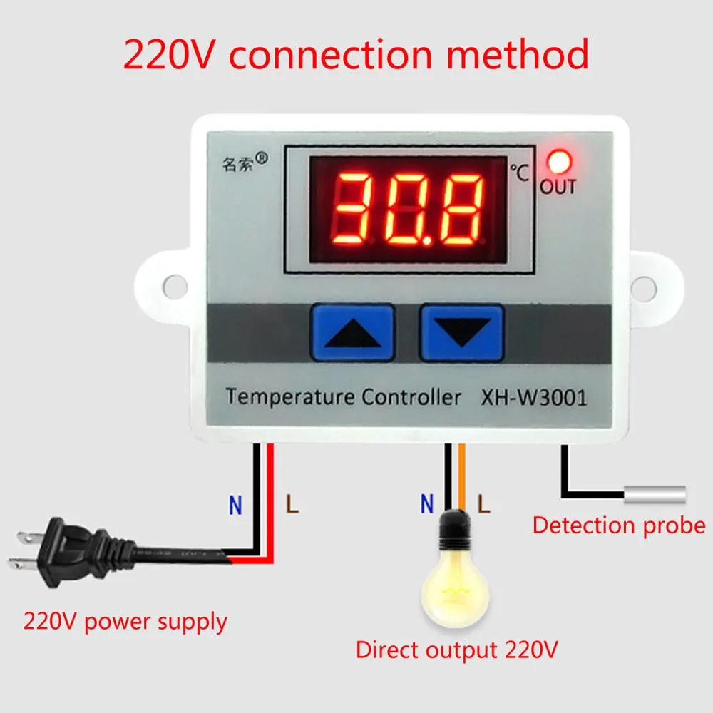 10A 12V 24V 220VAC Digital LED Temperature Controller XH-W3001 For Incubator Cooling Heating Switch Thermostat NTC Sensor