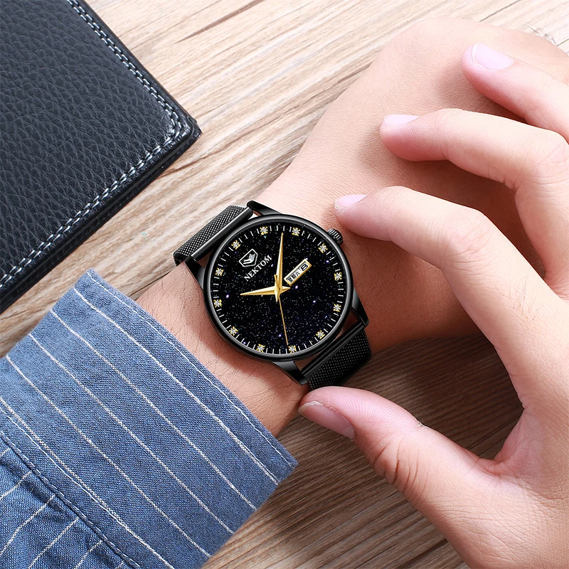 NEKTOM Mens Watches Top Brand Starry Quartz Clock Watch Men Ultra-thin Luminous Waterproof Stainless Steel Strap Wrist Watch