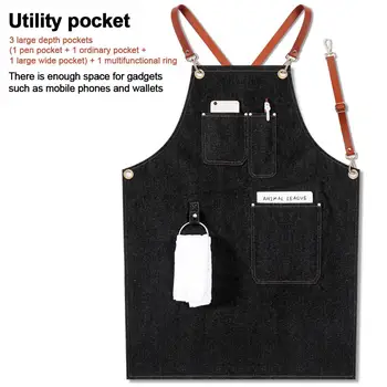 

Bib Apron Removable Uniform Bartender Leather Strap Denim Baker Adjustable Barista Work Multi Pocket BBQ Casual Chef