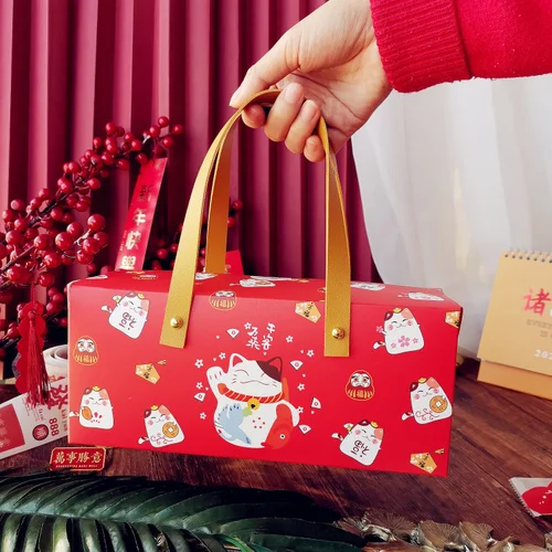 10PCS Happy lucky Cat Portable Paper Box Baking Tea Box Red Leather Handle box Wedding birthday gift holiday packaging Handbag 24.5X9.5X10.5cm