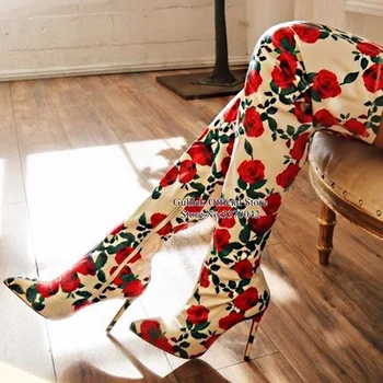 

Newest Rose Flower Leather Over The Knee Boots Pointed Toe High Heels Tight High Boots Slim Fit Patchwork Dress Shoes Drop Ship