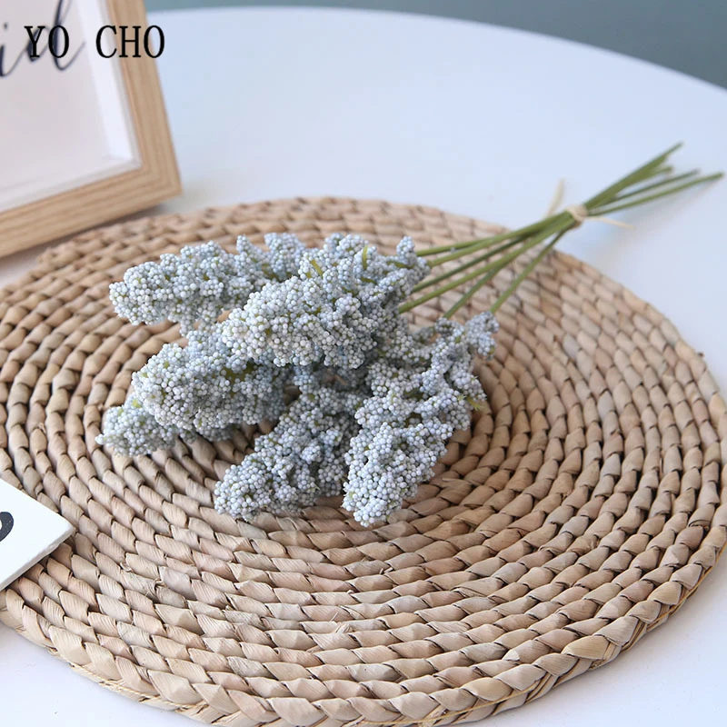 YO CHO DIY Bridal Bouquet Artificial Foam Vanilla Spike 6 Heads Flower Arrangement Handmade Flower Wedding Supplies Grain Spike - Color: light-blue