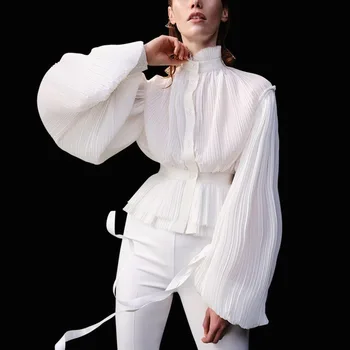 

QING MO Black White Women Slim Shirt 2020 Women Stand Neck Lantern Sleeve Shirt Female Spring Elegant Shirt Top ZQY2795