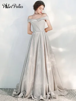 

Silver Gray Off The Shoulder Evening Gowns Long Elegant A-line Floor-length Long Prom Dresses For Graduation