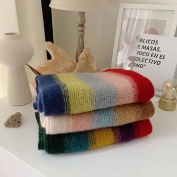 

New Knitted Rainbow Stitching Scarf Classic Colorblock Thicken Faux Cashmere Shawl Lady Bib