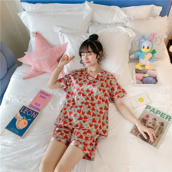 

Sexy Lingerie Women's Satin Silk Pajama Summer cartoon Sleepwear femme V-neck pijama pyjamas women short sleeved home clothes