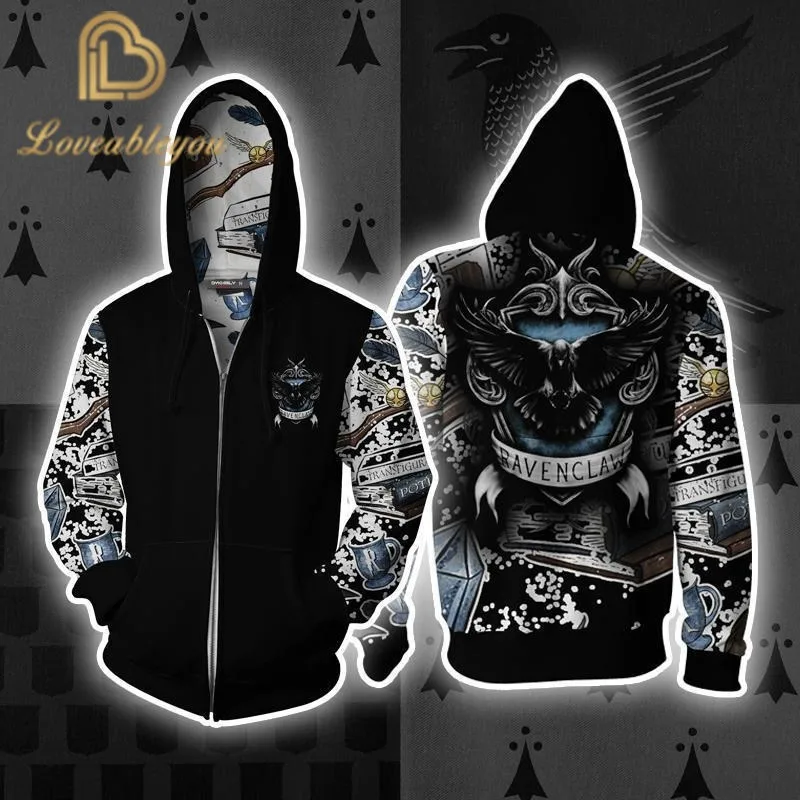 Толстовки с капюшоном на молнии Wizardry 3D Толстовка с капюшоном Ravenclaw Gryffindor Slytherin Hufflepuff Косплей Костюм Повседневная Уличная одежда