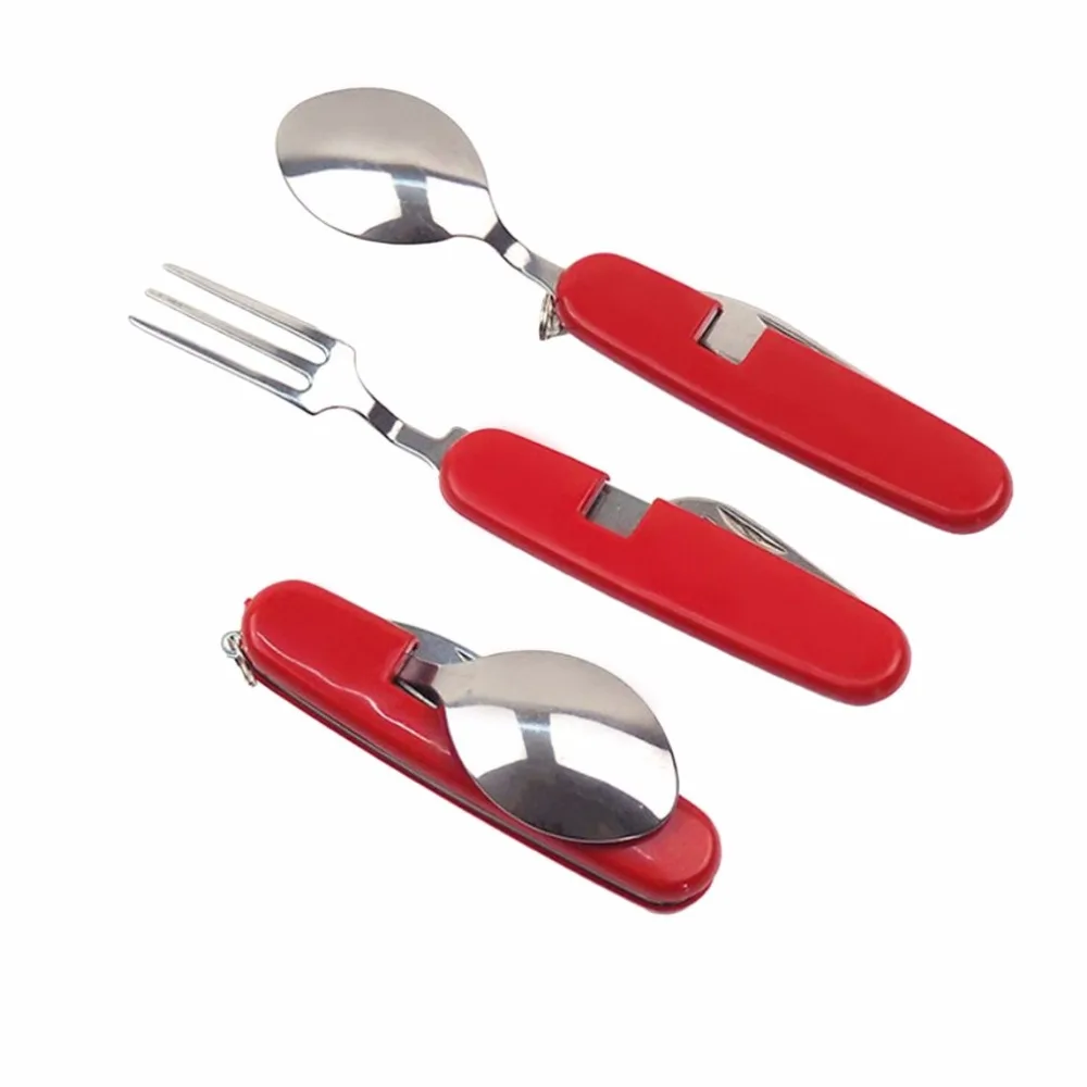 

Stainless Steel Spoon+Fork+Knife+ Bottle Opener 4 in 1 Folding Cutlery Set Multifunctional Portable Outdoor Tableware Set