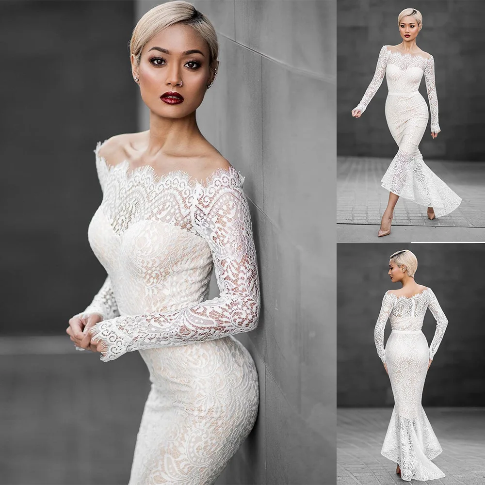 

Uguest 2019 Sexy Women White Lace Dress Mermaid One-shoulder Long Sleeve Autumn Spring Party Long Elegant Dresses Vestido