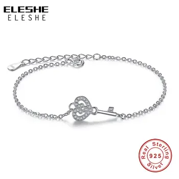 

ELESHE Genuine 925 Sterling Silver Happiness Key Locket Heart Clover Charm Bracelet Link Chain Bracelet for Women Party Jewelry
