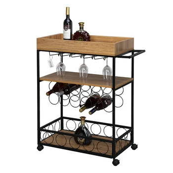 

Industrial Wine Rack Cart Kitchen Rolling Storage Bar Wood Table Serving Trolley