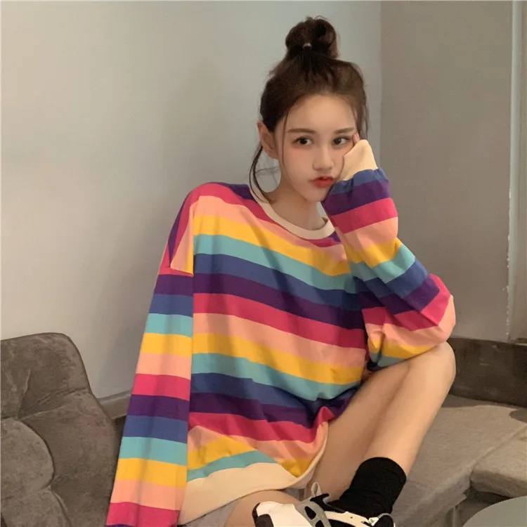 

2019 Fall New Women Clothing Color Stripes Loose Long-sleeved Thin Clothing Pullovers O-Neck Sweatshirt Women
