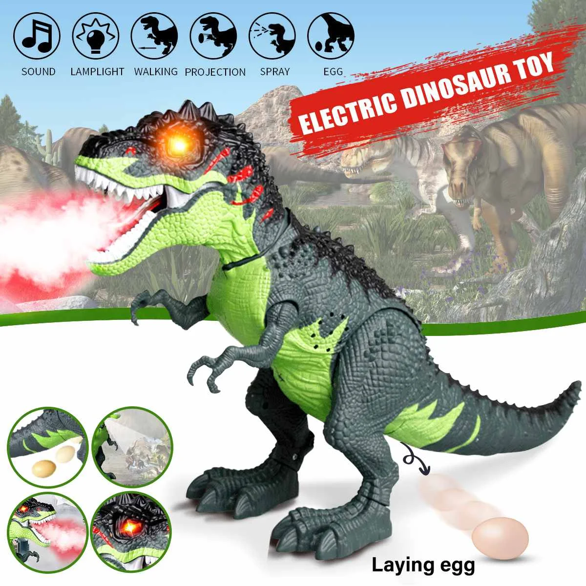 Juguete eléctrico de dinosaurio que camina, tiranosaurio con sonido de huevos de luz, figura de acción, modelo de dinosaurio