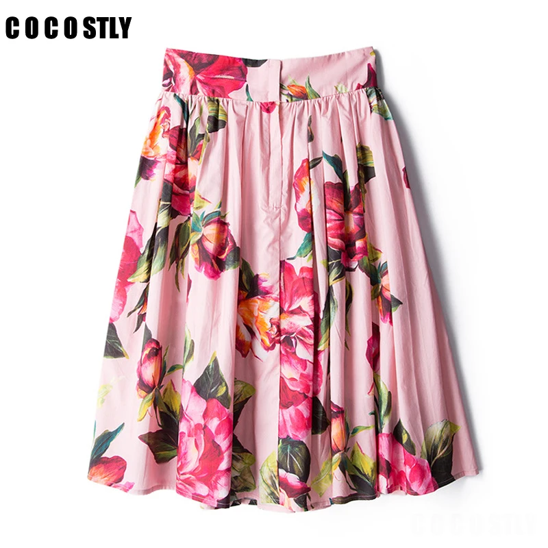 Юбки, женские Юпи Femme Цветочный принт в стиле ретро из хлопка и Для женщин юбка средней длины Falda Высокая Талия винтажная плиссированная юбка