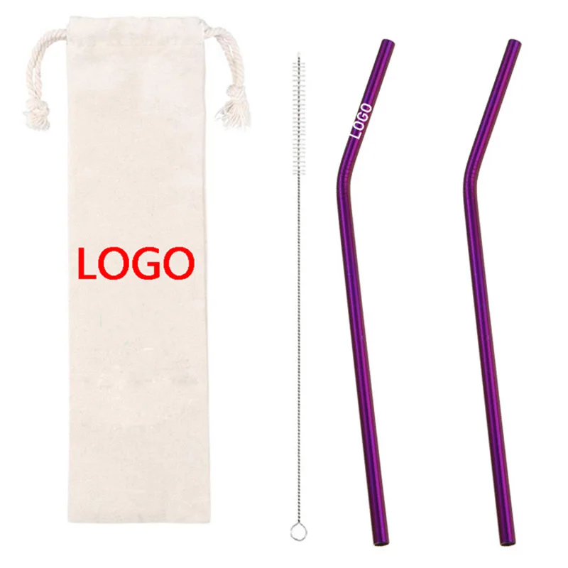 Индивидуальный Логотип многоразовые соломинки из нержавеющей стали 304 две соломинки(с логотипом) с одной щеткой в джутовый мешок 50 комплектов - Цвет: Purple