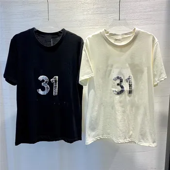 

100% cotton women's tshirts geometric alphabet t-shirt luxury design series sequin embroidery tops tees fashion women's clothing