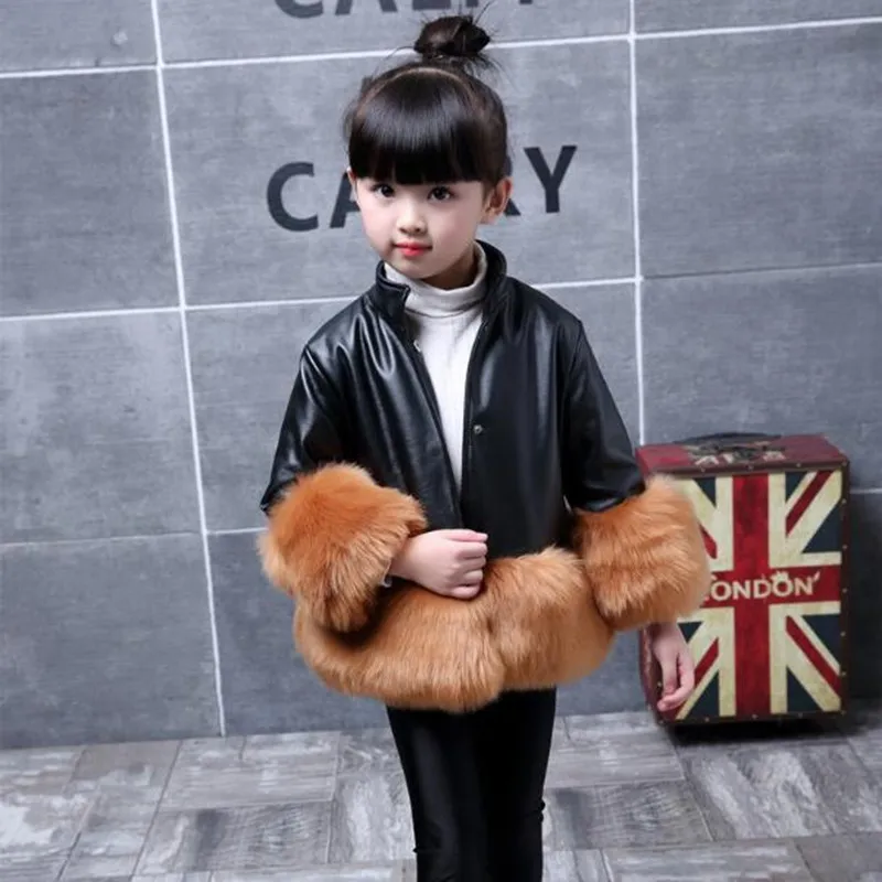 Winter girls fur coat Leather Patchwork Faux Fur Coats Clothing Children Long Sleeve Warm Cotton Princess Outwear N258