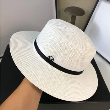 

Women Summer Straw Hat Classic Black Girdle Letter Panama Sunhats Jazz Hat Female Beach Trave Sun Shade Cap