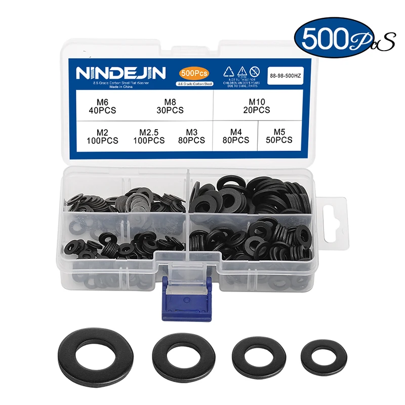 

NINDEJIN 500pcs Flat Washer Set m2 m2.5 m3 m4 m5 m6 m8 m10 Carbon Steel Black Gasket Set Plain Washer Assortment Kit Ring