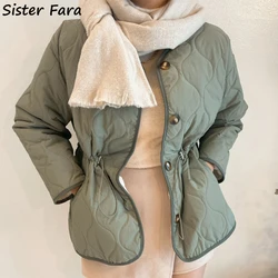 Sister Fara Winter Single Breasted Argyle Down Jacket Coat Women Drawstring Short Loose Warm Down Jacket Female Parkas Down Coat