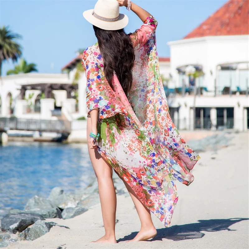 

Beach Cover up Tunics for Beach Print Chiffon Long Kaftan Bikini Cover up Robe de Plage Sarong Beach Wrap Swimsuit coverup #Q466