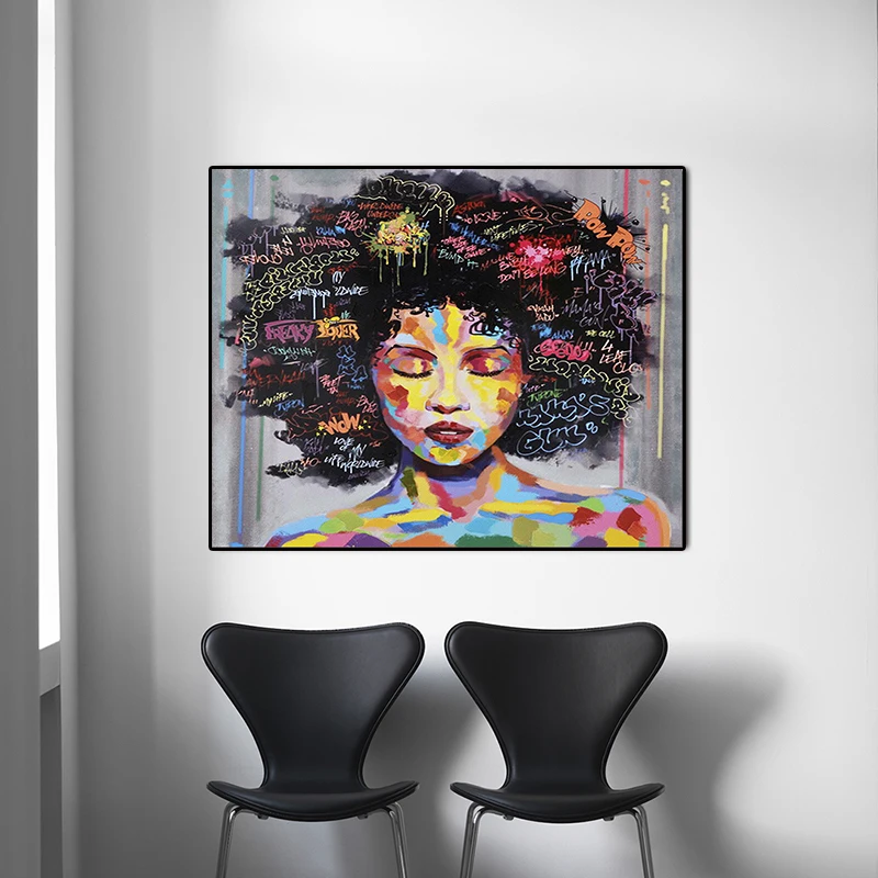 

XINQI Modern Pop Wall Graffiti Art Paintings Black Woman Abstract African Girl With Letters Wall Art Canvas Picture Home Decor