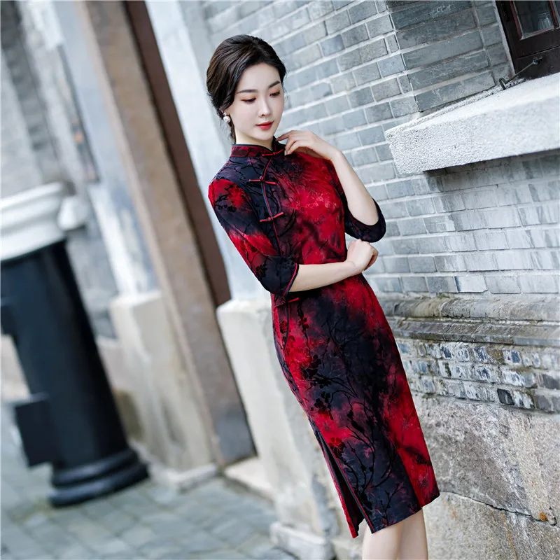 Chinese Traditional Vintage Velour Women Cheongsam Elegant Half Sleeve Short Qipao Classic Mandarin Collar Dress Big Size 4XL |