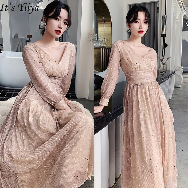 

It's Yiiya Evening Dress 2020 Elegant V-neck Plus Size Robe De Soiree Long Sleeve For Women Shining Evening Dresses LF193