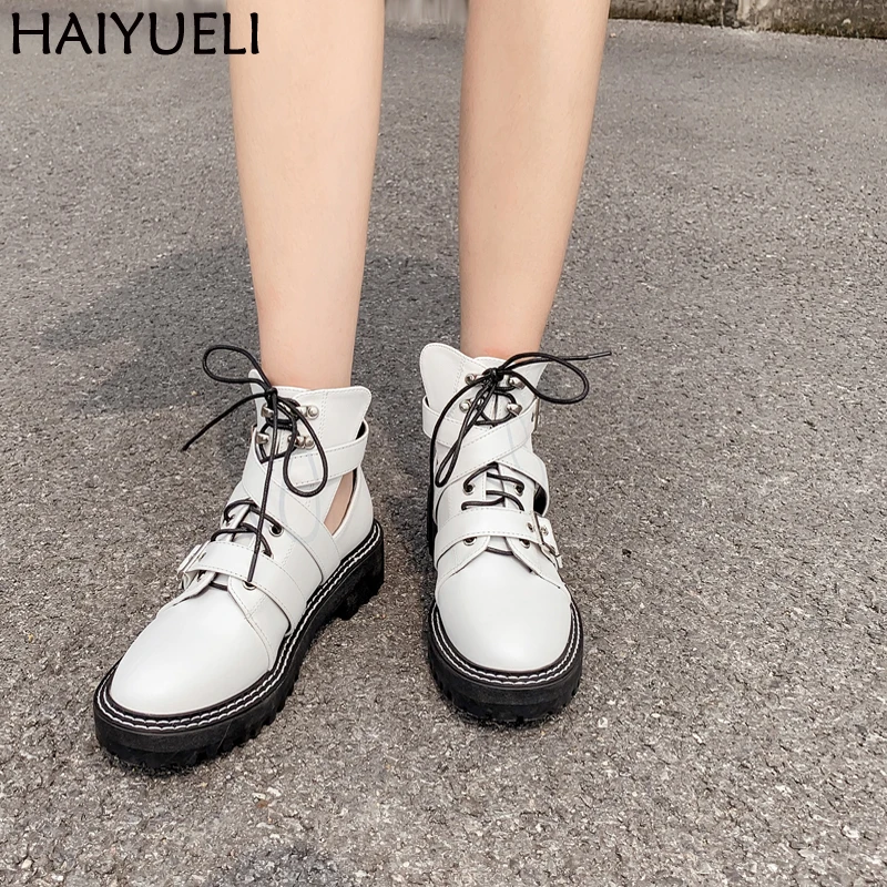 Botas blancas Punk otoño botas mujer encaje ahuecado botas mujeres punta redonda Martens botas Casual otoño Mujer hasta el tobillo| - AliExpress