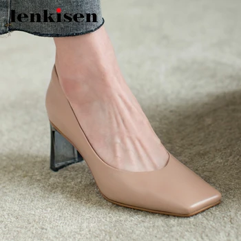 

Lenkisen simple style real leather fashion streetwear square toe thick high heel slip on beauty lady dress noble women pumps L50