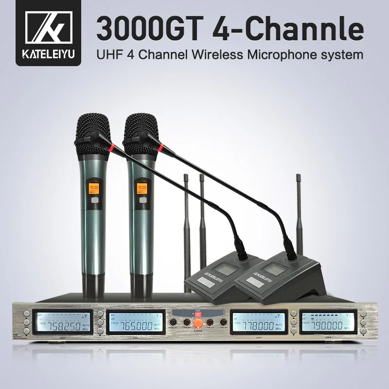

3000GT Professional UHF microphone 4-channel dual handheld double gooseneck wireless kalaok stage microphone system
