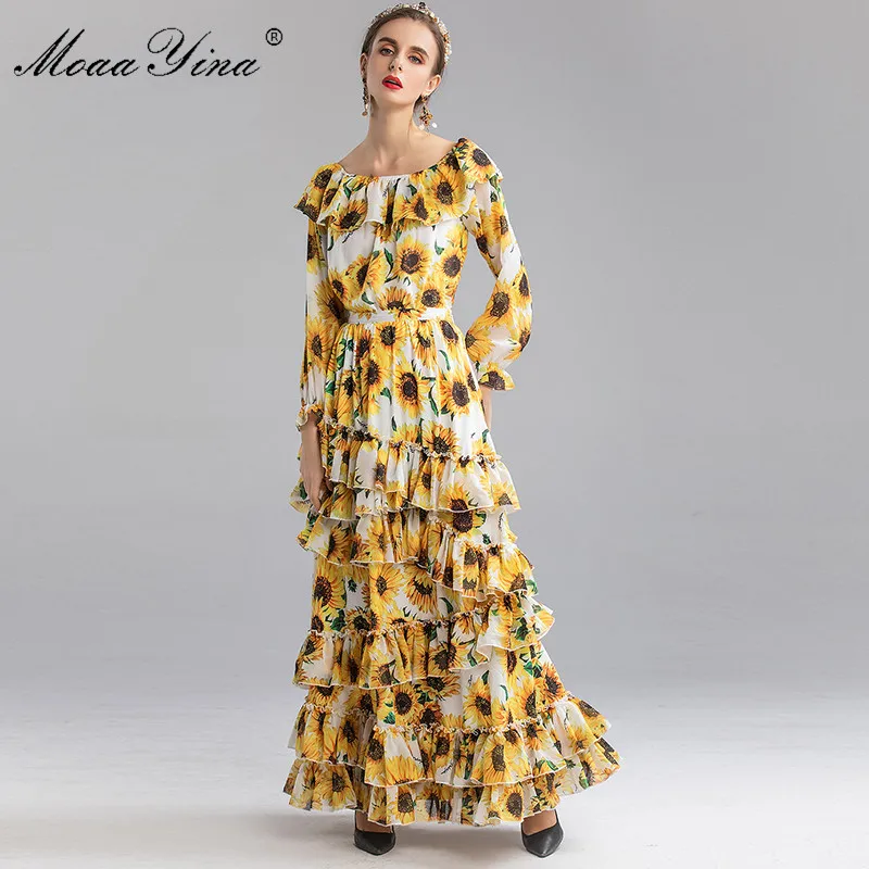 Модный дизайнерский комплект moaayina, весна-осень, Женский Топ с длинным рукавом и принтом подсолнуха+ каскадная длинная юбка с оборками, комплект из двух предметов