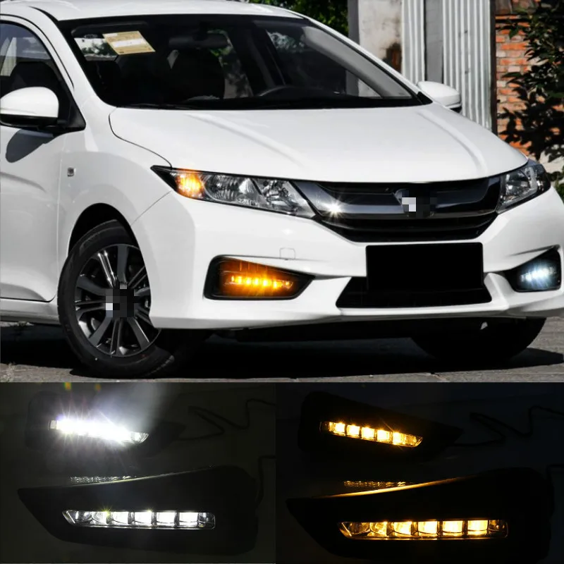 

Светодиодсветодиодный дневные ходосветильник для Honda City 2015 2016 2017, противотуманные фары drl с желтым указателем поворота, Стайлинг автомобиля