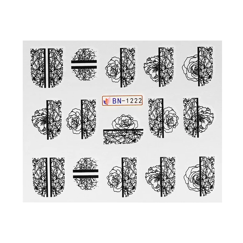 1 шт черно-белые наклейки в виде цветов и листьев, 3D наклейки для ногтей, Переводные переводные наклейки с водой, слайдер, геометрические обертывания для дизайна ногтей, маникюрный декор, тату - Цвет: BN-1222