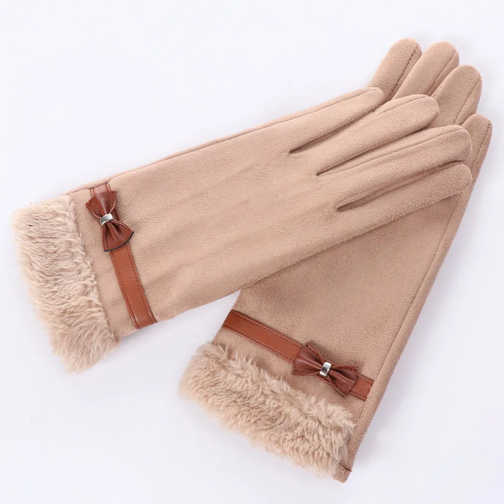 Black elegant Bow leather Pearl gloves full Finger Outdoor Women Thicken Winter mittens Warm Bowknot Thermal Fleece Gloves