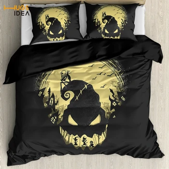 

HUGSIDEA Art The Nightmare Before Christmas Design Duvet Cover Set Black Beding 3pcs Twin Queen King Size Bed Textile Bedding