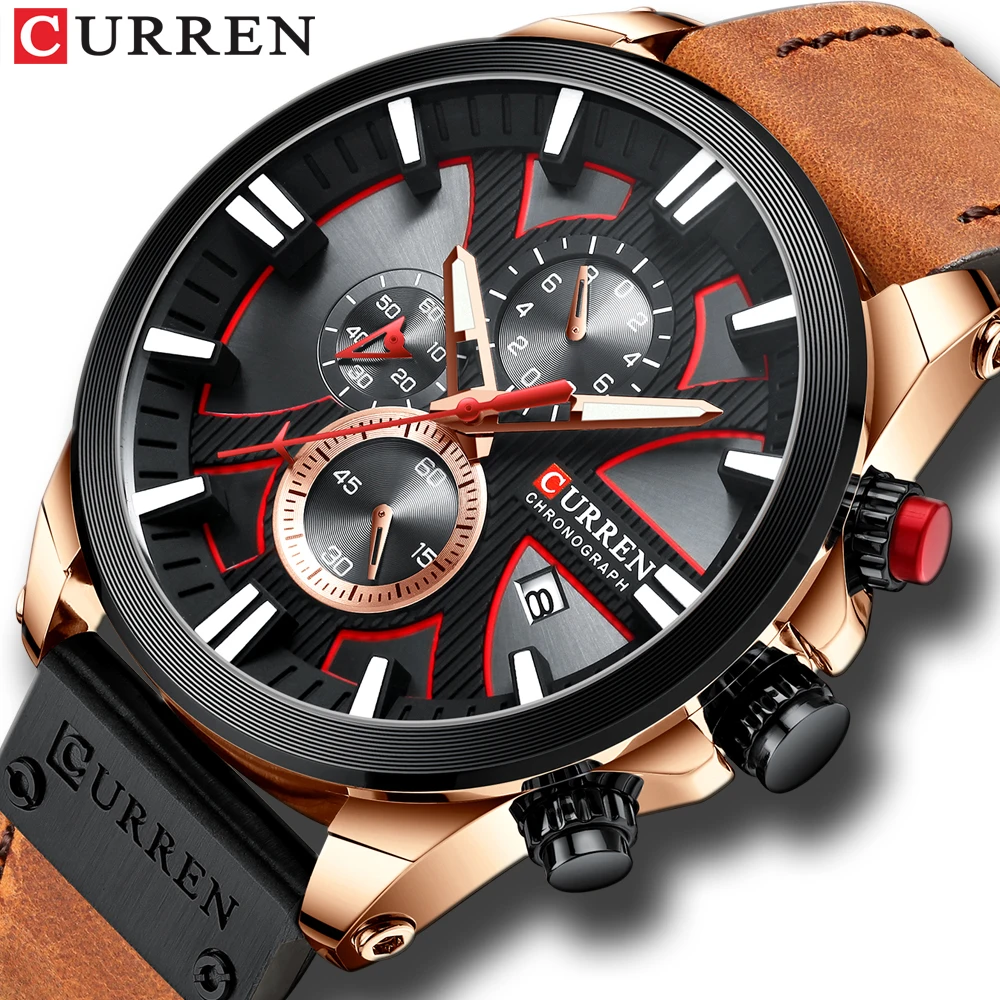 CURREN Watch Chronograph Sport Mens Watches Top Brand Luxury Waterproof Leather Quartz Clock Men Wristwatch Relogio Masculino